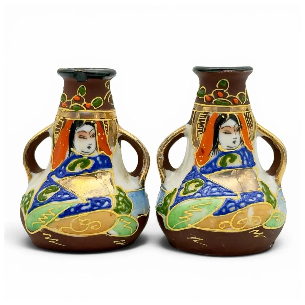 6 Vtg Japanese Satsuma Miniature Vases Lot Takito TT Mark Moriage Geisha Cabinet - Picture 5 of 11